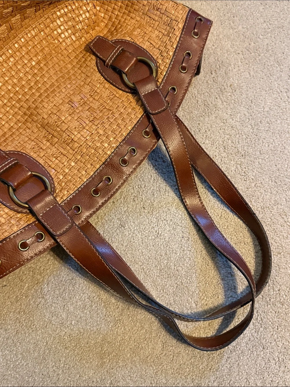 Fossil Woven Straw Tote with Brown Leather Trim - Picture 9 of 11